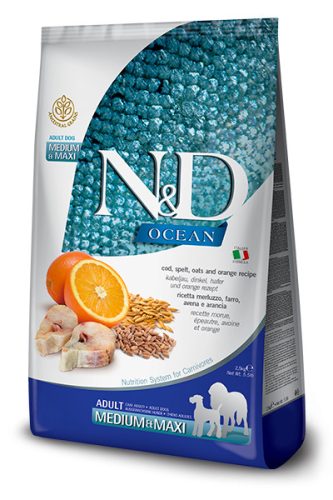 N&D Ocean - Tőkehal, tönköly, zab és narancs felnőtt medium , maxi 2,5 kg 