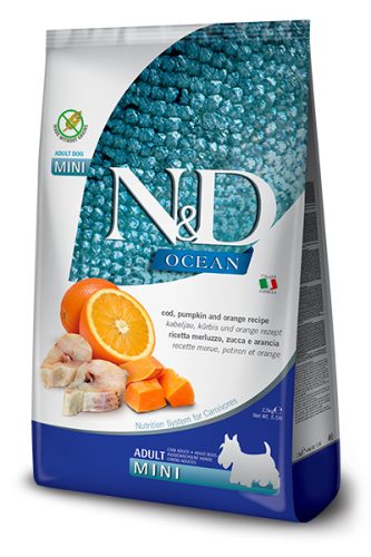N&D Ocean tőkehal, sütőtök & sárgadinnye felnőtt Mini 7  kg